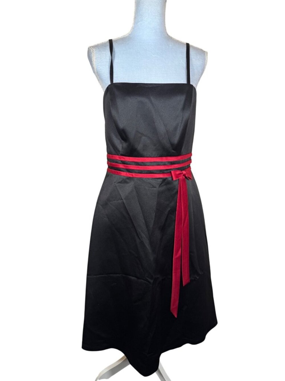 DaVinci Black Satin Dress Red Trim Straps Ribbon Size 16